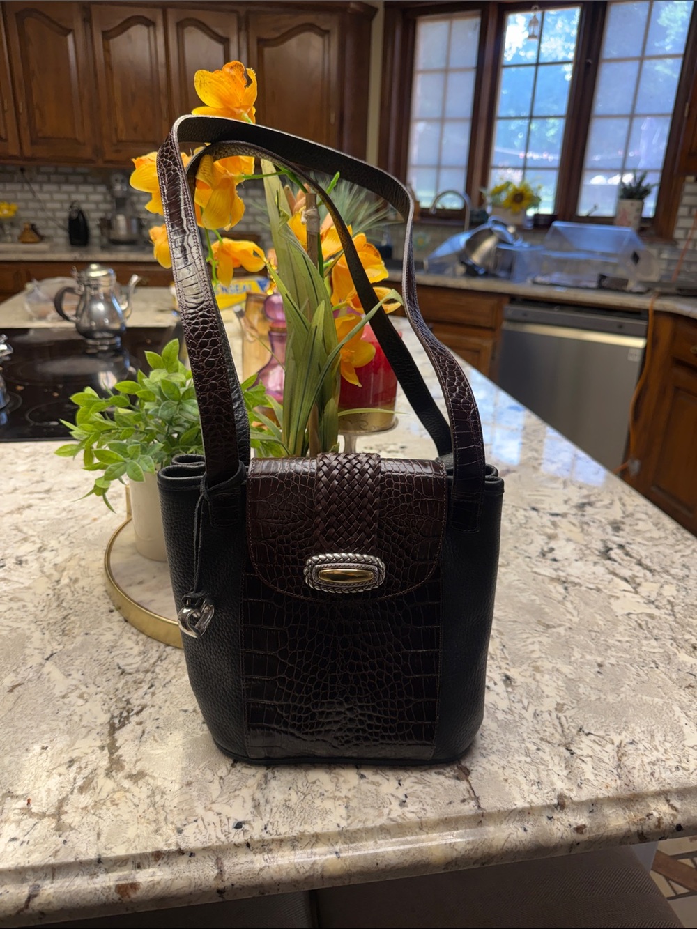 Women's Black and Dark Brown Leather Shoulder Bag